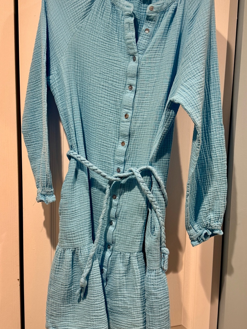 Magaschoni Light Blue Long Sleeve Button-Front Midi Dress